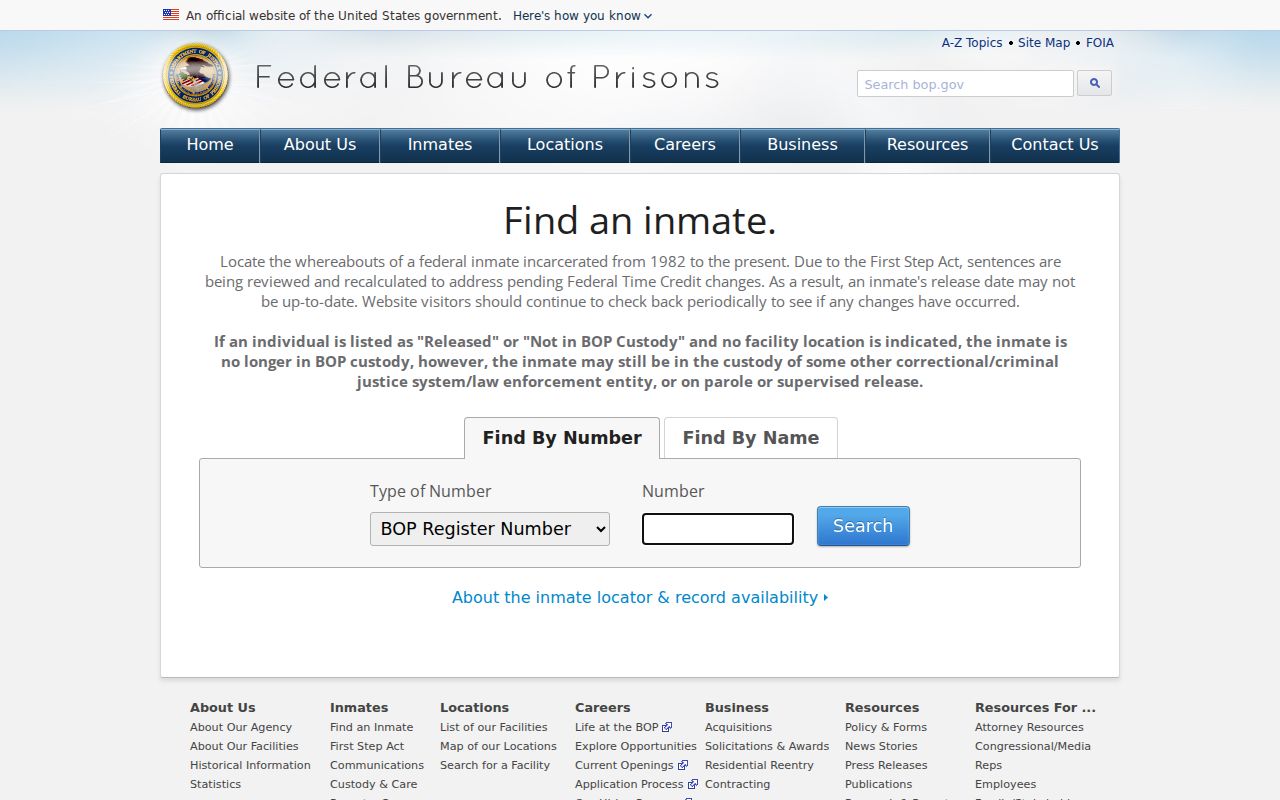 Official Federal Bureau of Prisons inmate locator search interface