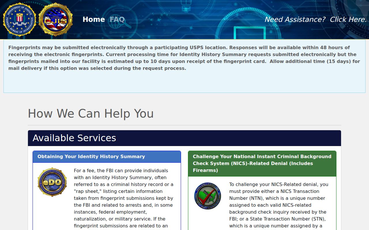 Official FBI electronic portal for requesting one's own Identity History Summary