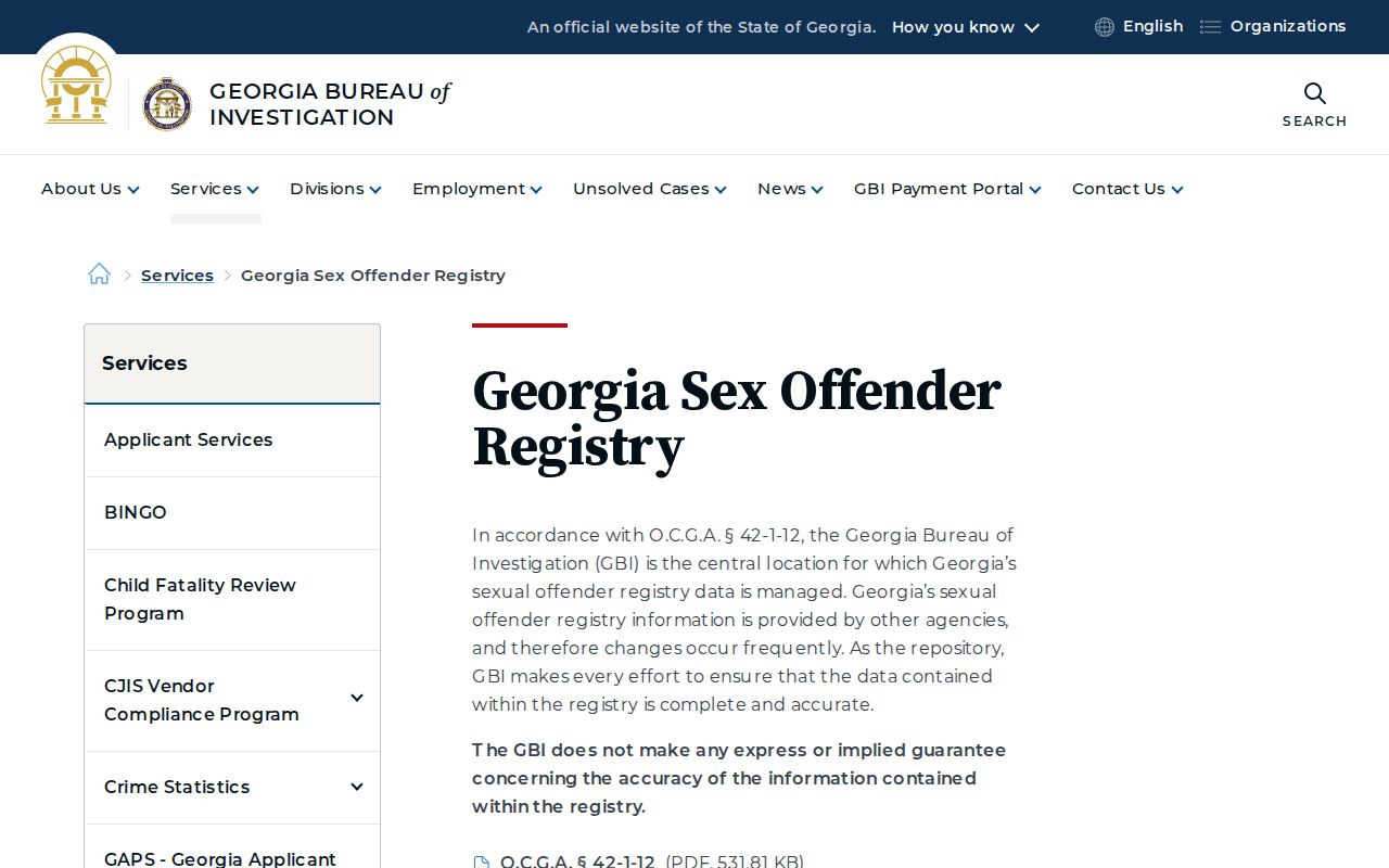 Official GBI Georgia Sex Offender Registry landing page used for Schley County searches