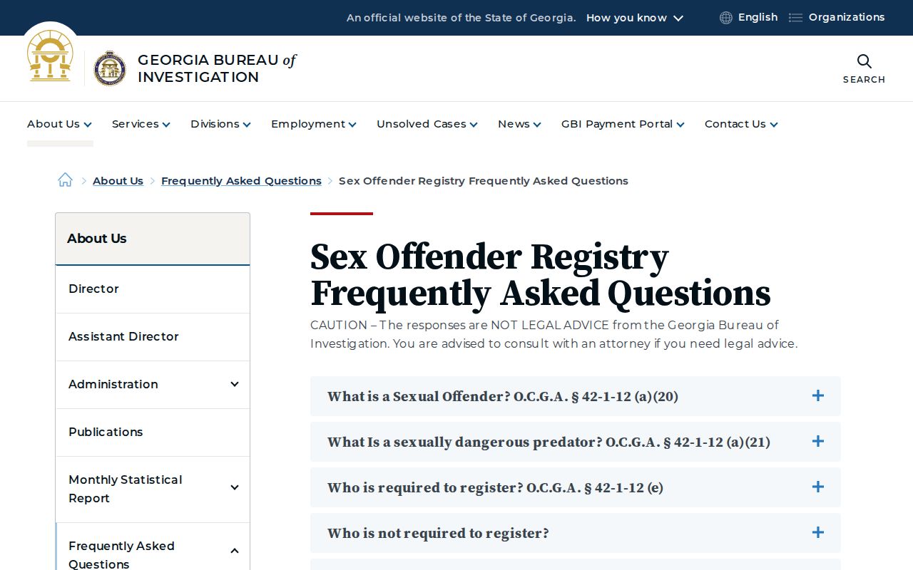 Official GBI sex offender registry FAQ explaining registration deadlines and search limits